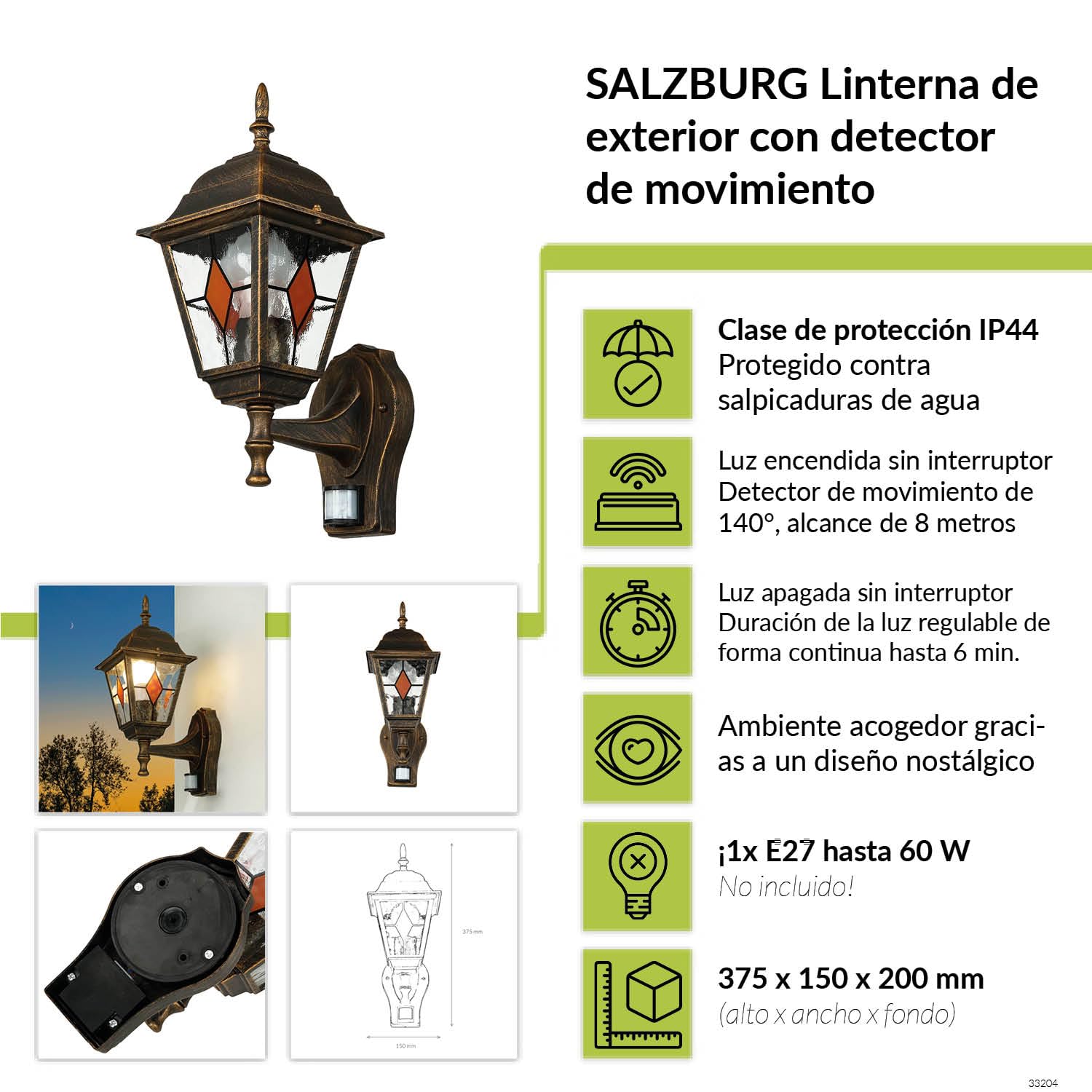 Lámpara de pared exterior estilo rústico con detector de movimiento cobre antiguo A:37,5 cm Aplique de estilo retro Farol para el jardín de casa