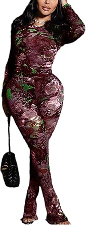 acelyn Women Sexy Two Piece Outfits Mesh Printed Bodycon Flared Pants Sets Club Going Out Birthday Outfits