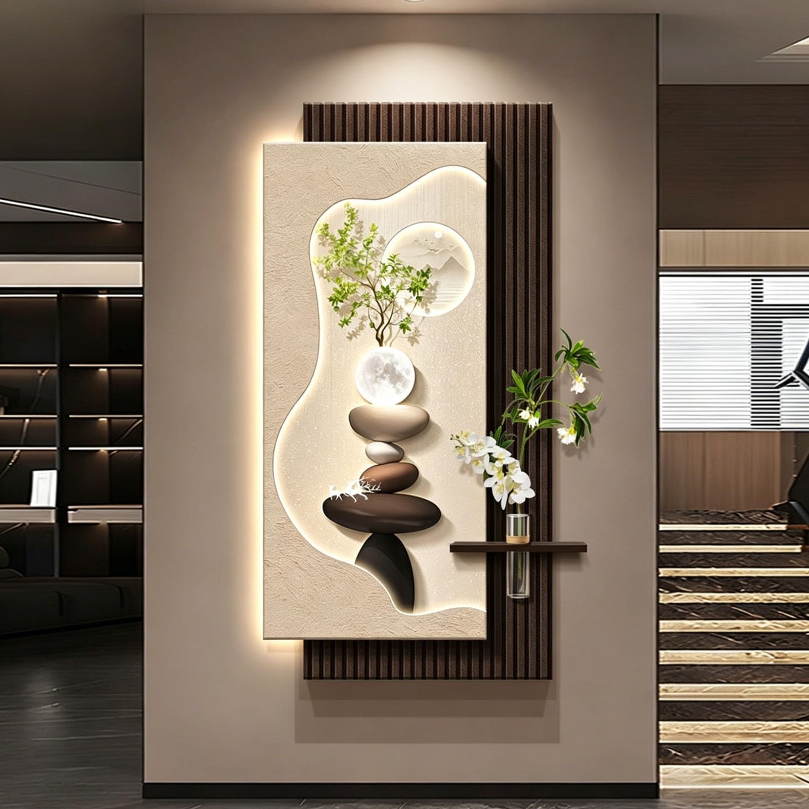 KEIFCUACLA 3D Visual-Effect Sandstone Wall Art,LED Warm-Light Artistic Sculpture (with Shelf And Glass Bottle),Ideal Wall Decor For Living Rooms And Bedrooms(C,70 * 140cm/27.6 * 55.1in)