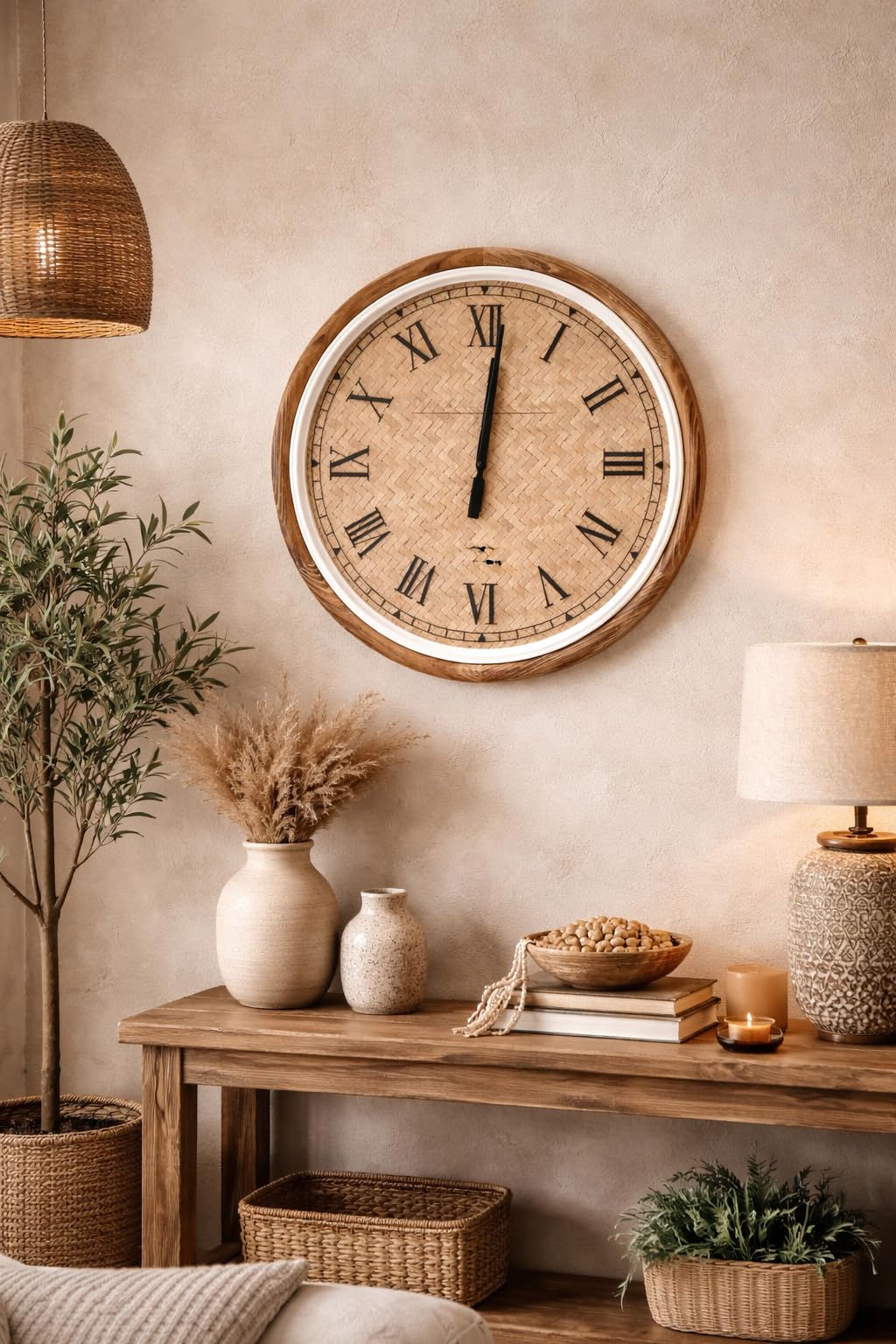 Keyhomestore | Orologio da Parete in Vimini con Cornice in Legno Ø 60 cm
