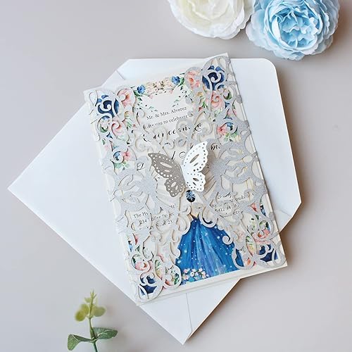 Miniatura 4 de KUCHYNEE 50 tarjetas de invitación de boda de 5 x 7.3 pulgadas, corte láser plateado, con mariposa y sobres para quinceañera, despedida de soltera,