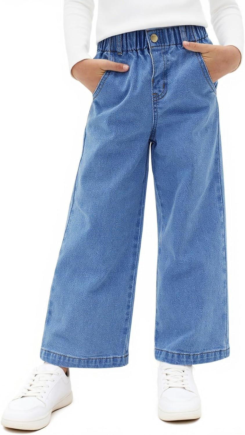 Haloumoning Girls Wide Leg Jeans Kids Elastic Waist Casual Demin Pants with Pockets 5-14 Years