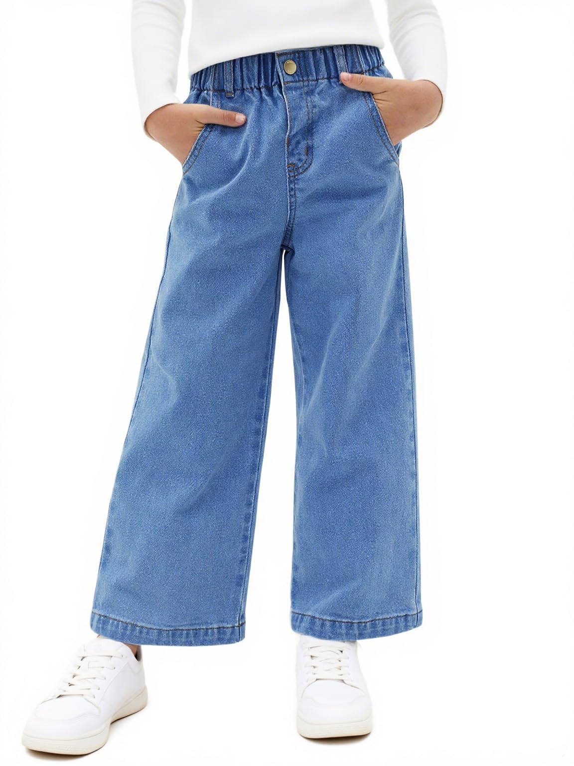 Haloumoning Jeans da bambina a gamba larga per bambini con elastico in vita casual Demin pantaloni con tasche 5-14 anni
