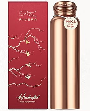 Rivera 32oz 99.92% LAB TESTED Pure Copper water bottle, PTFE & PFOA Free, Leakproof & Joint free, BPA-Free, Eco-Friendly, Non-Toxic, Handcrafted for Hydration, Detox & Wellness - Plain