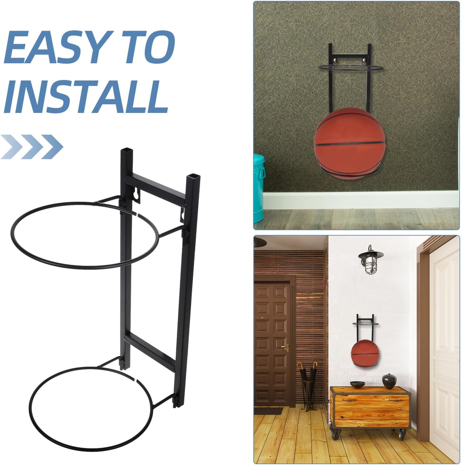 Mipcase Wall Mount Sports Ball Holder Basketball and Soccer Storage Rack, Two-Layer Thickened Black Steel Basketball Hoop Organizer for Outdoor Garage Sports Equipment