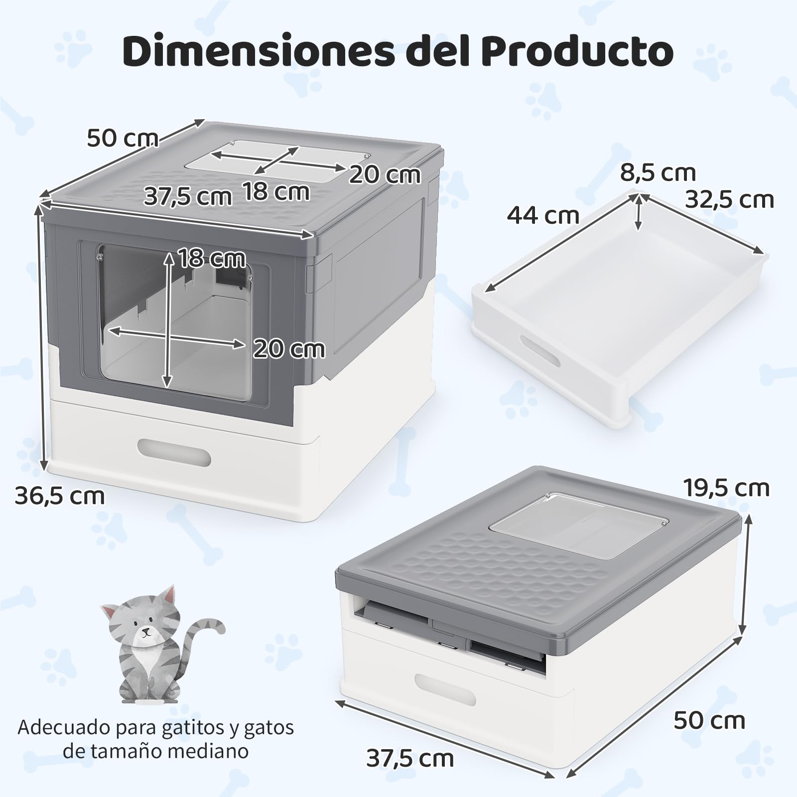 COSTWAY Arenero para Gatos Cubierto, Caja de Arena para Gatos Grande con Entrada Frontal y Salida Abatible, Bandeja Portátil, Cajón, Arenero Cerrado Plegable para Gato, 50x38x37 cm (Gris + Blanco)
