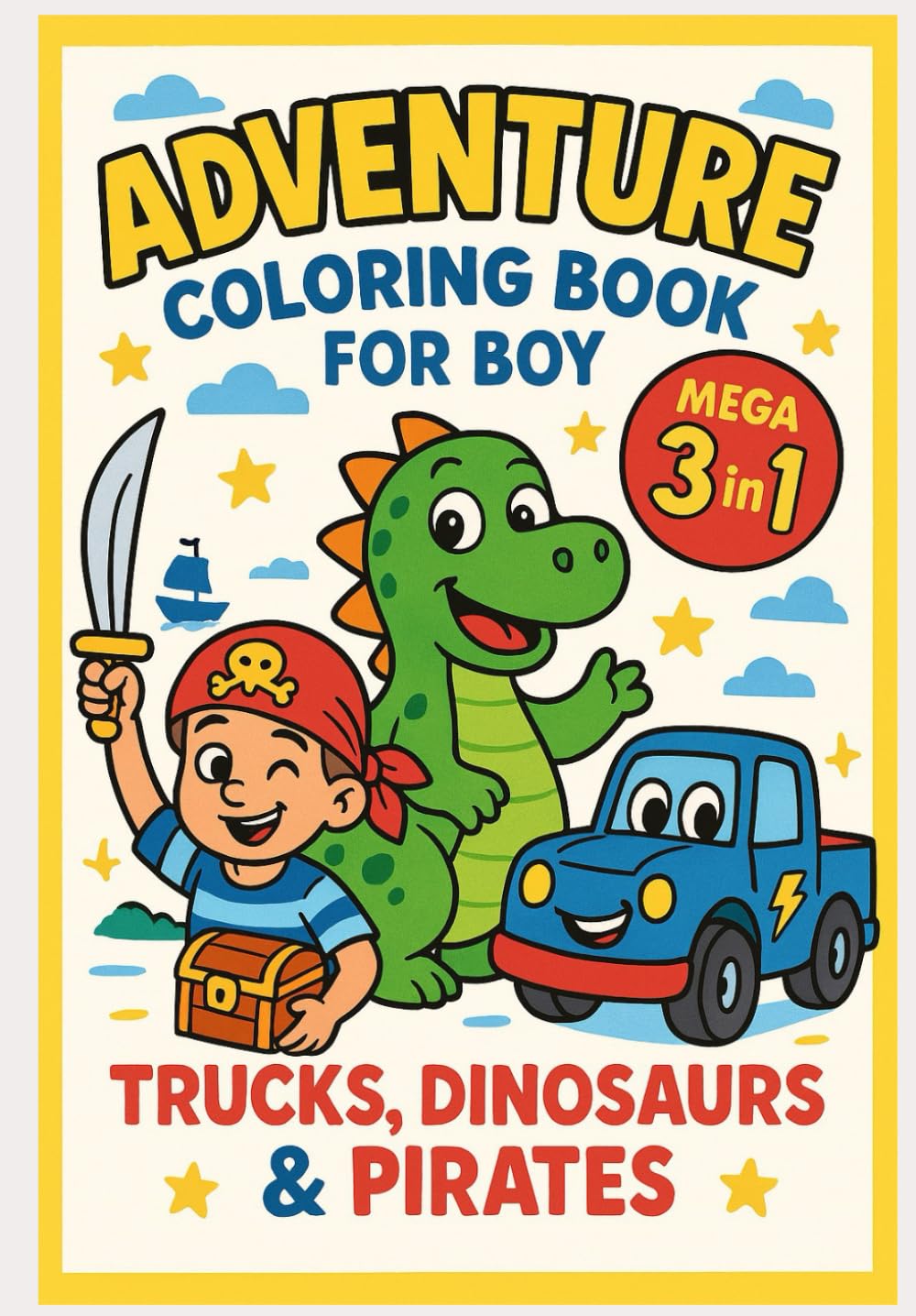 MEGA ADVENTURE COLORING BOOK FOR BOY: Trucks, Pirates and Dinosaurs Activity Pages for Boys