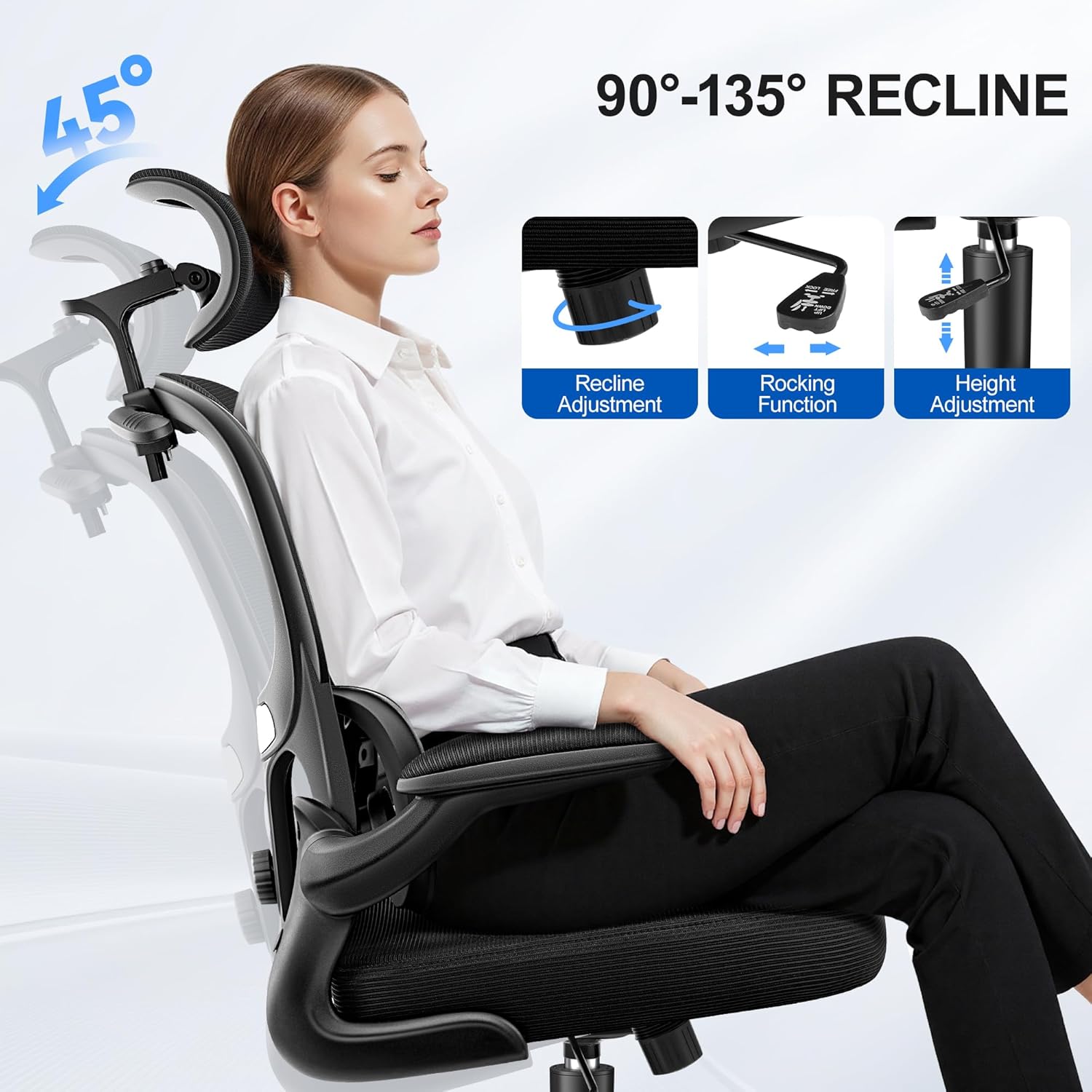Ergonomic Office Chair, Mesh Desk Chair with Lumbar Support, High Back Home Office Chair with Adjustable Headrest and Flip-Up Arms, Comfortable Computer Chair, Thick Cushion, 300 LBS, Black - Image 6