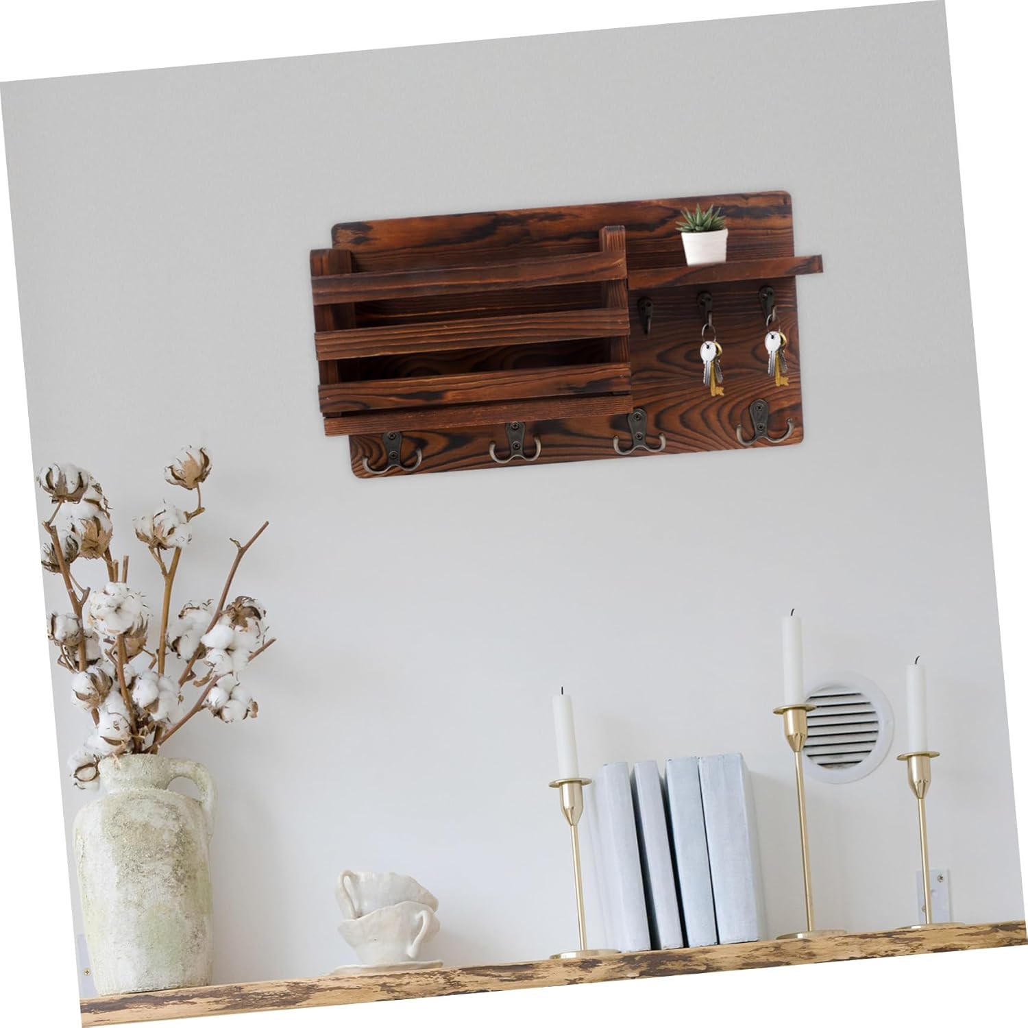 Multi Functional Wooden Key Rack with Hooks Wall Mounted Storage Shelf for Keys Mail and Items Stylish Home Decor for Living Room and Hallway and Easy