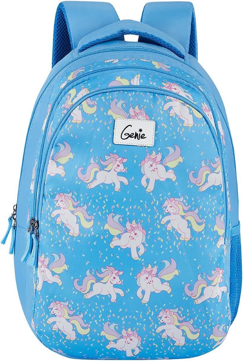 Genie Unicorn School Bag For Girls, 17 Inch Blue, 3 Compartments Water Resistant 27 Litres