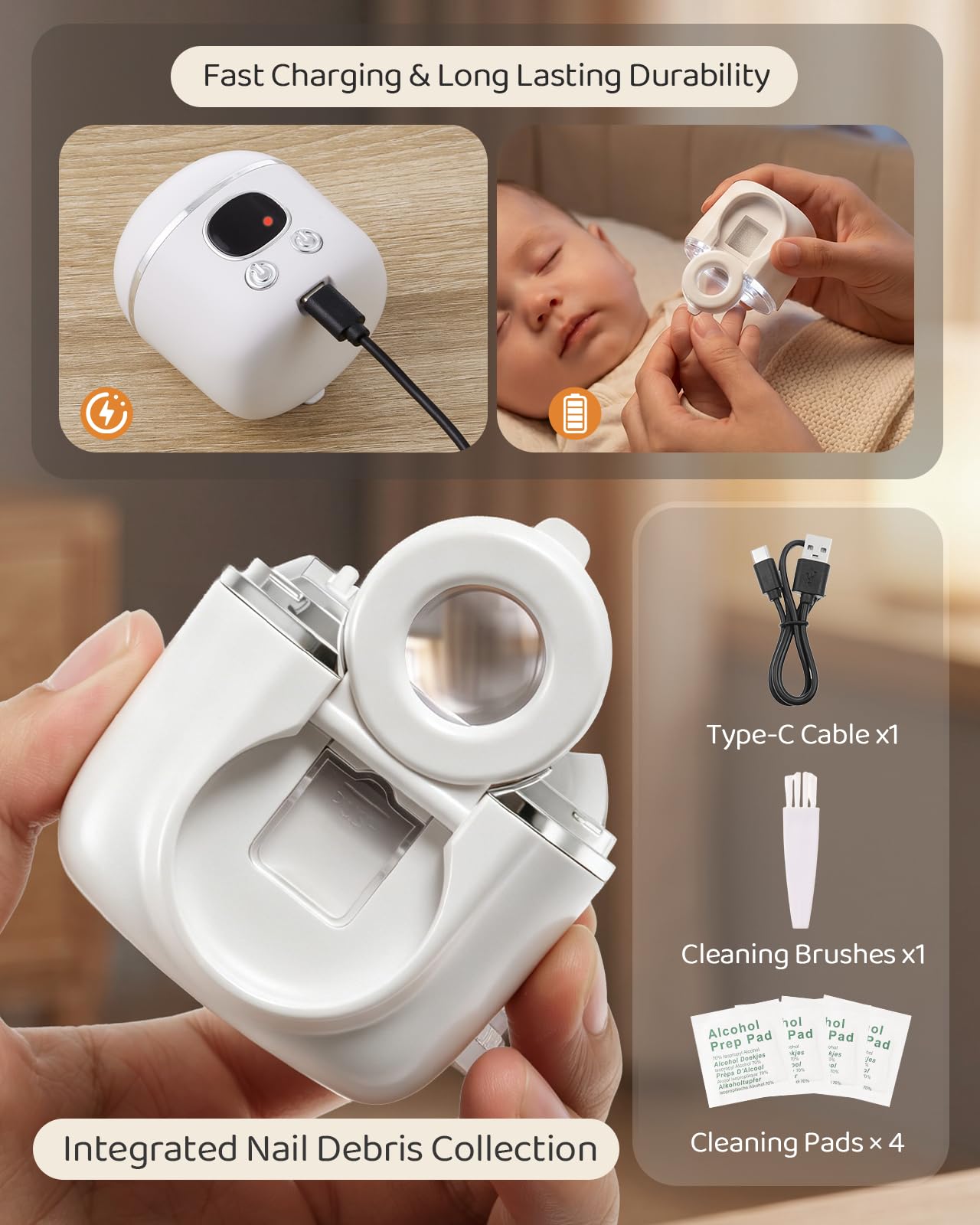 Lictin Set di tagliaunghie elettrico per neonati, anziani e adulti (Bianco) | inkl. schrägem Knipser,Multi-in-1 Nagelschneider Elektrisch mit Lupe, LED-Licht & Nagelschuppen-Auffangbehälter