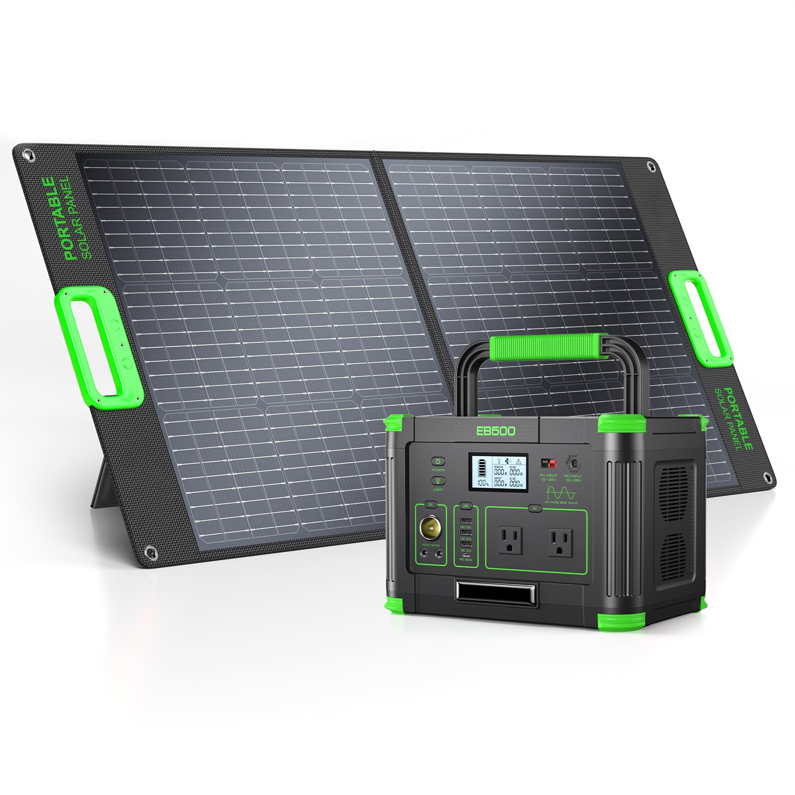 500W Portable Power Station with 100W Solar Panel 20V, Solar Generator | GRECELL 100W Portable Solar Panel, High-Efficiency, 519.48Wh Battery Backup for Home Use, Camping, Outdoor Trip, RV