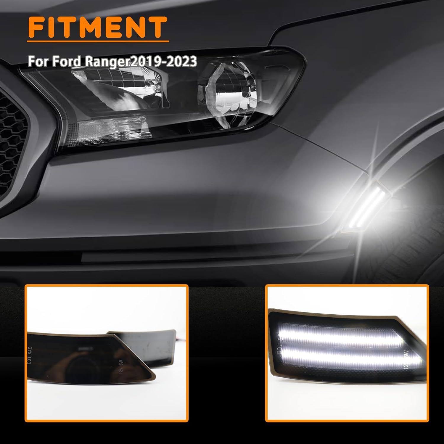 LED Front Fender LED Side Marker Lights Kit for Ford Ranger Lariat XL XLT 2019 2020 2021 2022 2023,Smoked Lens Side Bumper Marker Lamps,2pcs