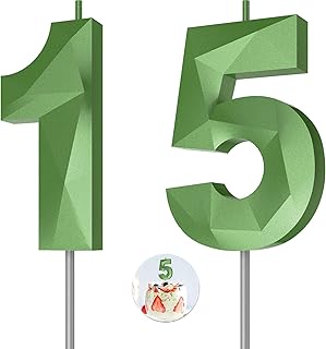 Number Birthday Candles(15 Candle Green) 3D Diamond Shape Number Happy Birthday Cake Candles for Birthday Party Wedding Decoration Reunions Theme Party