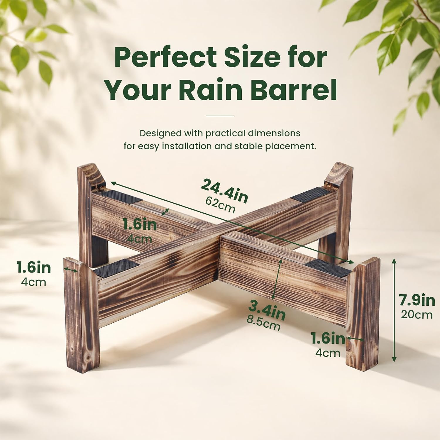Solid Pine Rain Barrel Stand, 500 LBS No-Bend Elevated Wooden Base with Anti-Slip Pads,3.35-Inch Thick Support Boards, Fits 45/50/55 Gallon Round Rain Barrels for Backyard Rainwater Collection
