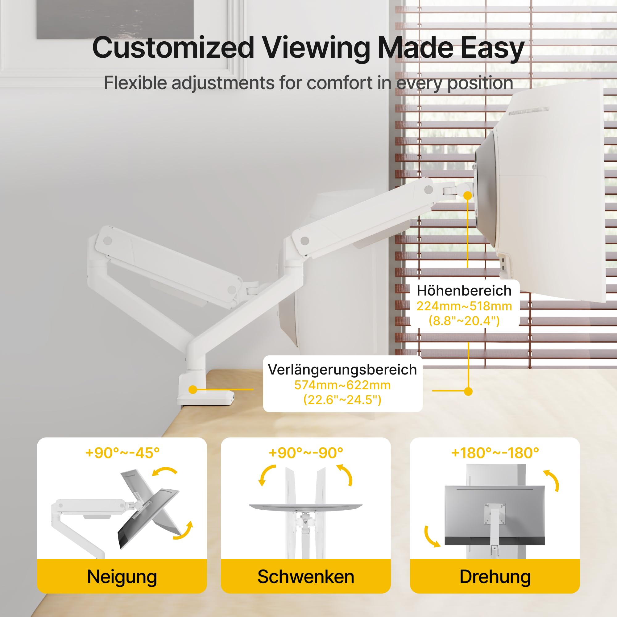 monTEK Brazo Monitor Blanco con Puerto USB para 17-45" | Soporte Monitor Escritorio Ajustable hasta 16kg, Brazo Articulado Inclinable y Giratorio, VESA 75/100mm, Montaje Pinza/Ojal