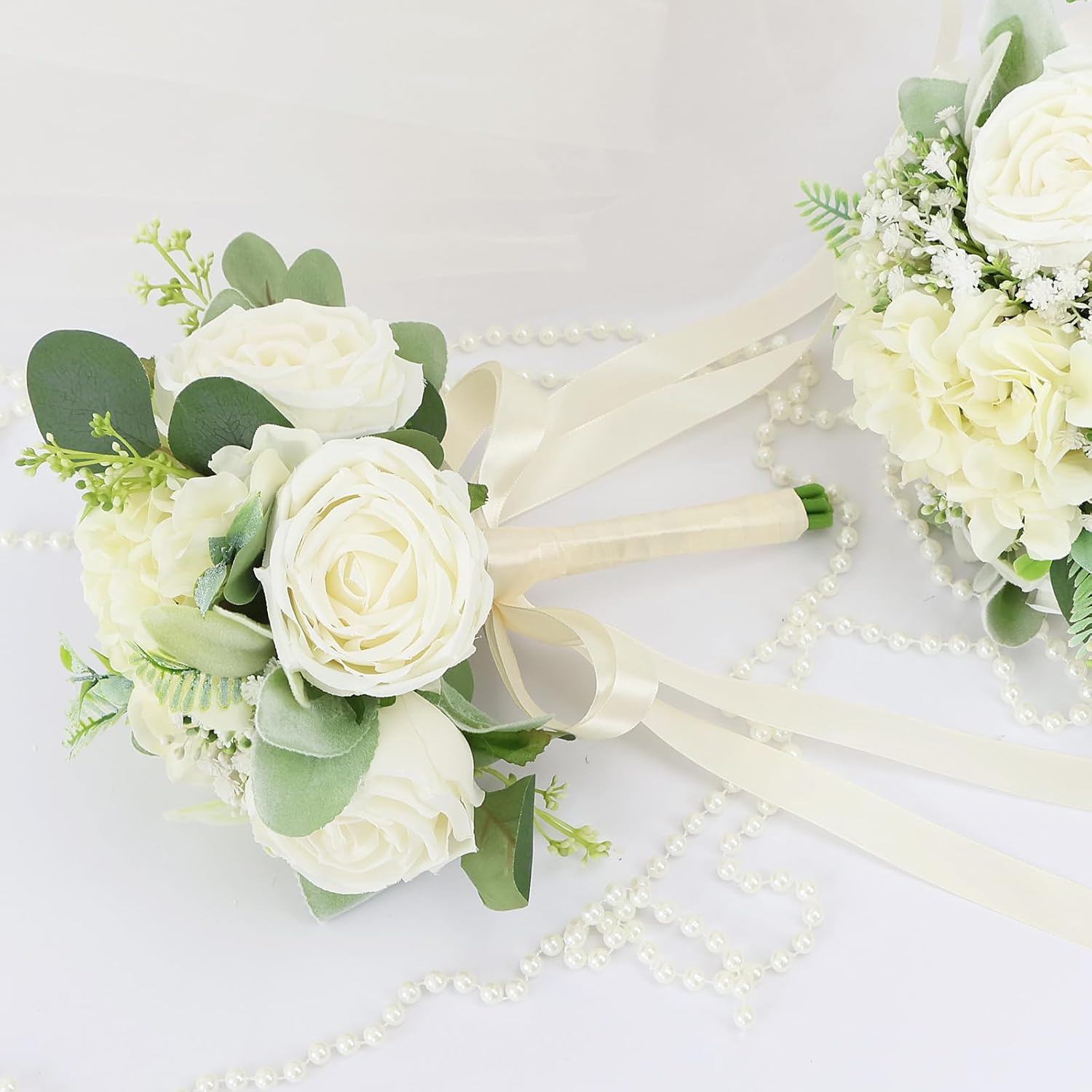 Set of 4 Bridesmaid Bouquets for Wedding - Silk Artificial Ivory Bridesmaid Flowers, Pre-Made Roses Sage Green Boho Bridal Floral for Bride Party Ceremony Anniversary Decoration - 9inch