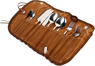 TOYANDONA 1 Juego bolsa de almacenamiento de cubiertos tenedor de campamento cubierta de campamento tenedor y cuchara de camping Utensilios de cocina para acampar Acero inoxidable Marrón