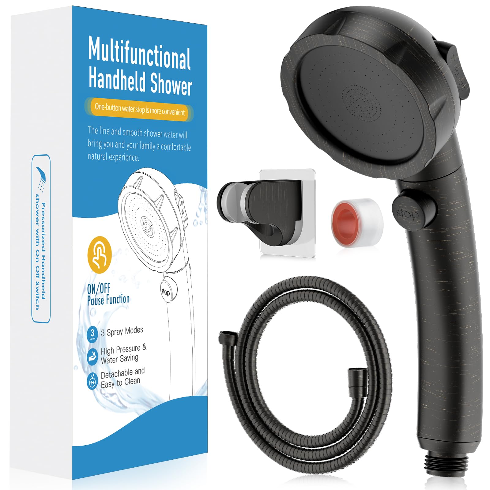 HEROBAI High Pressure Shower Head with Handheld, On Off Shower for RV, Water Saving Shower Head with Stop Button and 3 Modes, Detachable RV Shower