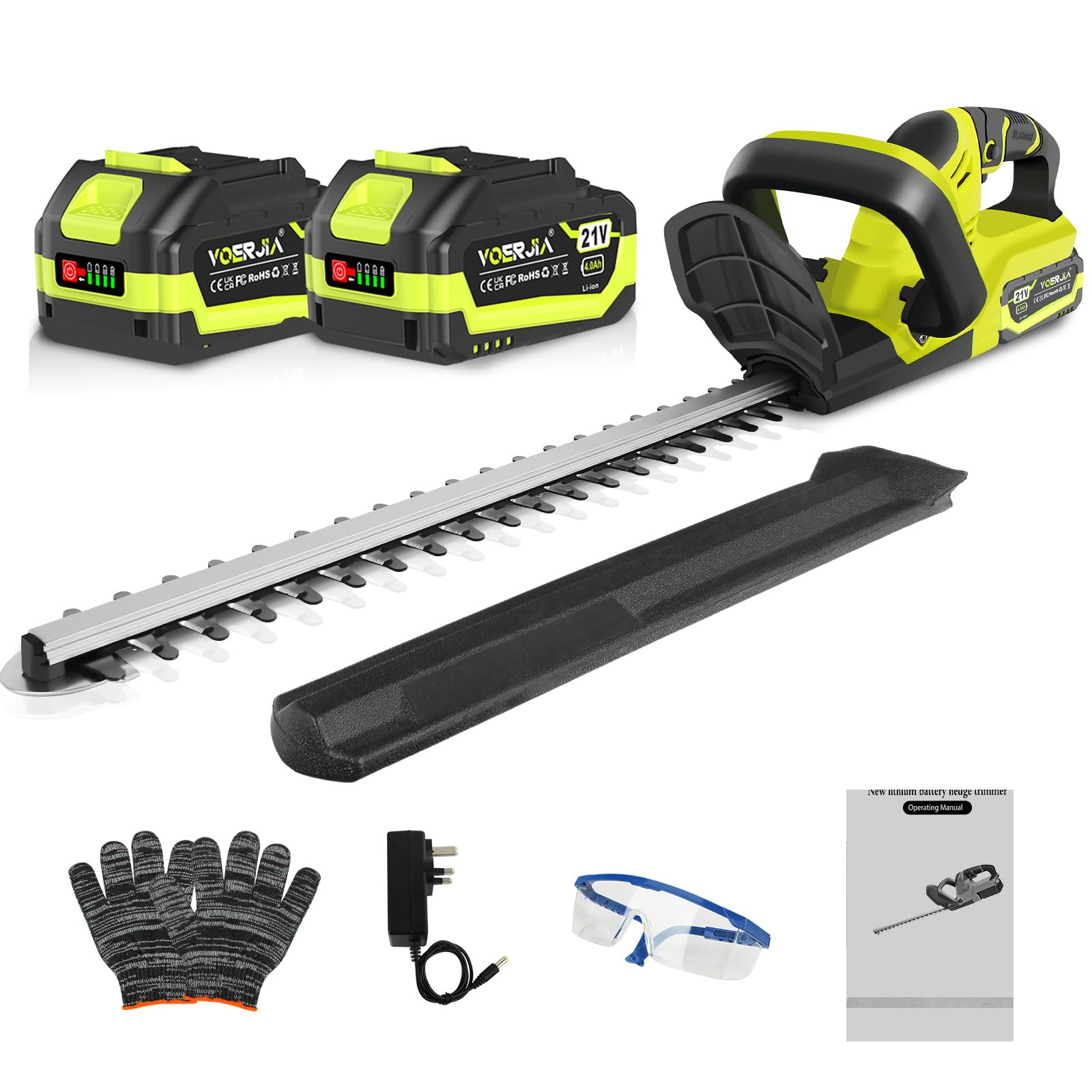 Taille-haie sans Fil VOERJIA 21V 2 Batteries 4,0 Ah Chargeur Moteur sans balais 750 W Double Lame 50 cm (20 Pouces) LED