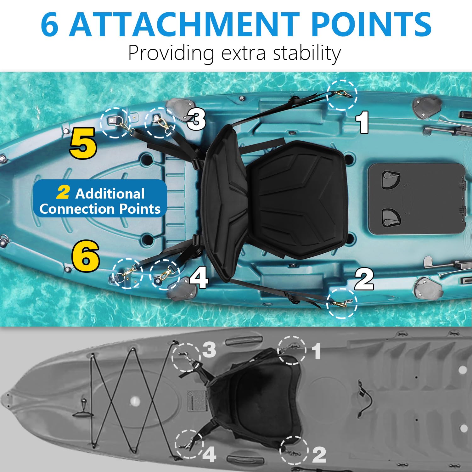HLOGREE 6-Point Attachment - Thick Padded Kayak Seat Cushion with Back Support,Extra Cushioned Kayak Replacement Seat Universal for Hobie,Sit on Top,Lifetime,Pelican,Perception,Raised,Sit in