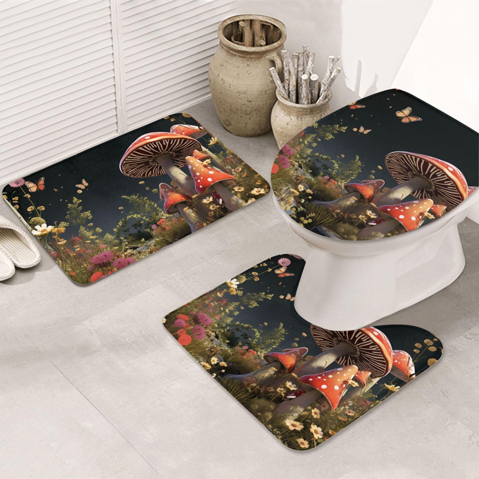 Tapis de bain champignons lot de 3 ultra doux pour une décoration de salle de bain féerique