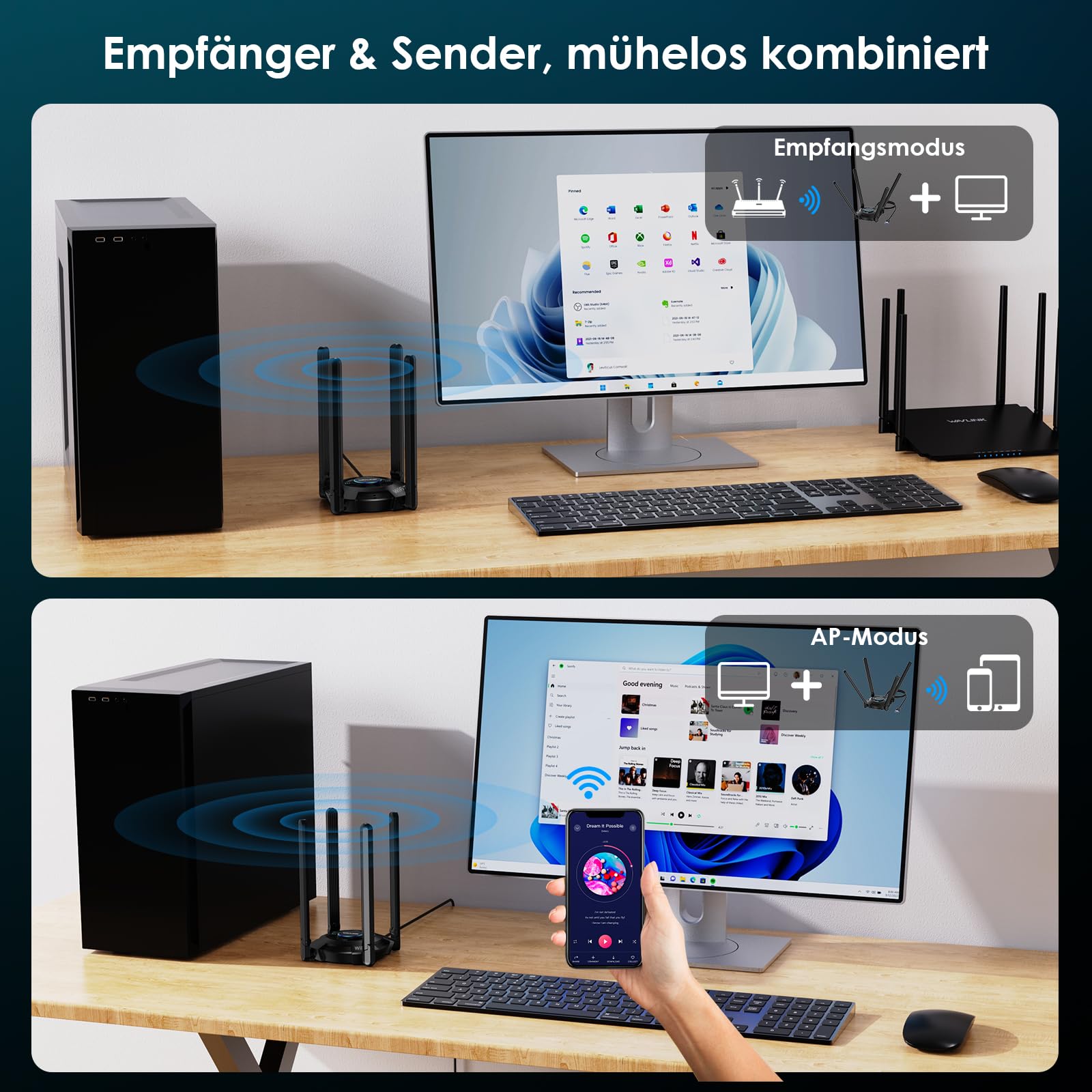 WAVLINK WiFi 7 USB WLAN Stick für PC, BE6500 Tri-Band USB WLAN Adapter mit integriertem Treiber, WPA3, MLO und Multi-RU, 5DBI-Antennen mit hoher Verstärkung, nur für Windows 11/10