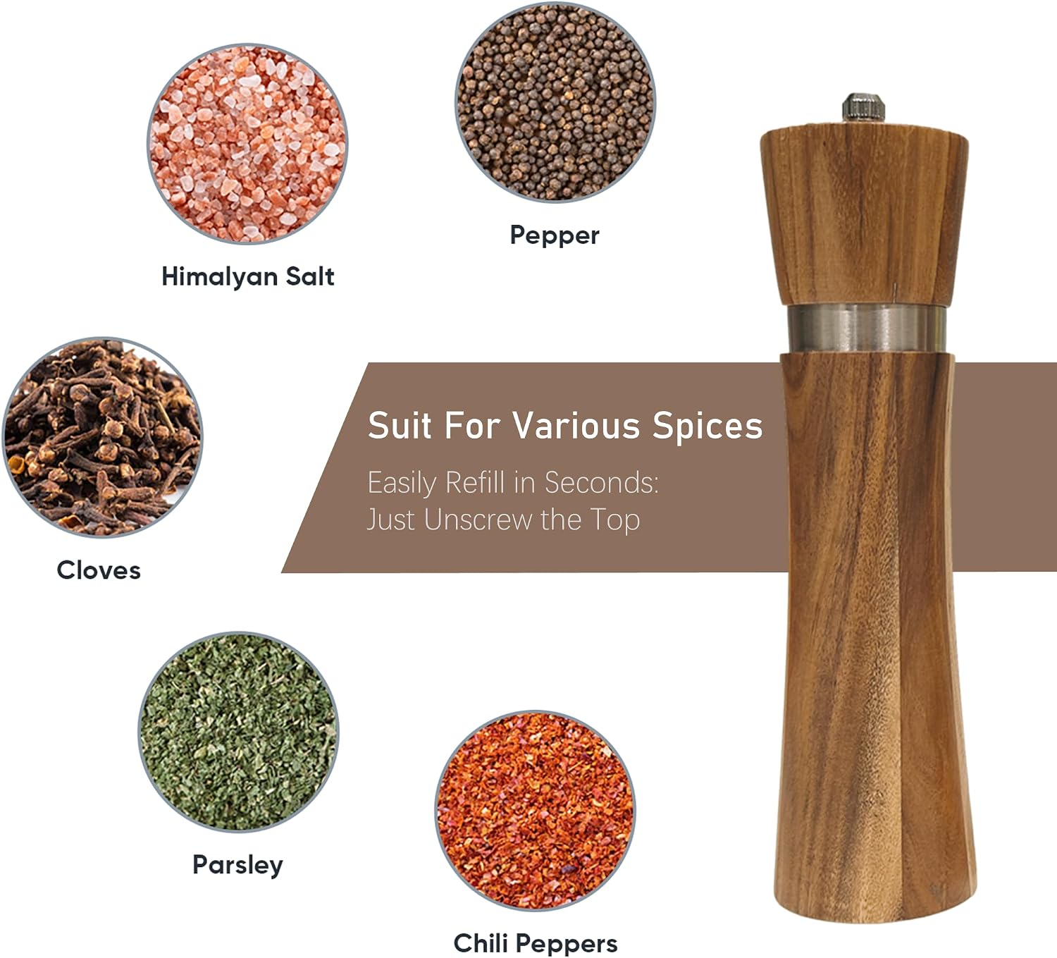 Wooden Salt and Pepper Grinder Set,Acacia Wood Salt and Pepper Grinder Set,Wooden Salt and Pepper Set with Ceramic Core,Salt and Pepper Grinder Set,Pepper Grinder Wood,Adjustable Coarseness,8 Inches