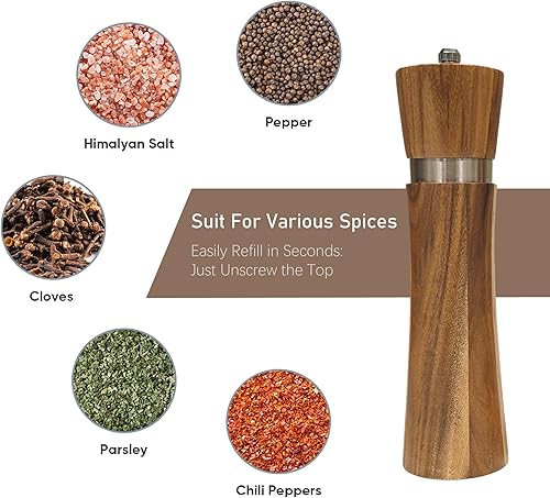 Miniatura 2 de Juego de molinillo de sal y pimienta de madera, grosor ajustable de 8 pulgadas, molinillo de pimienta recargable, madera de acacia artesanal,
