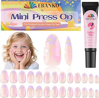 EBANKU 26 Stück Nägel aufdrücken für Kinder, Mandel Volle Deckung Acrylnagel Tip Kit mit Nagelkleber Kinder kurze künstliche falsche Nägel Kits für Mädchen