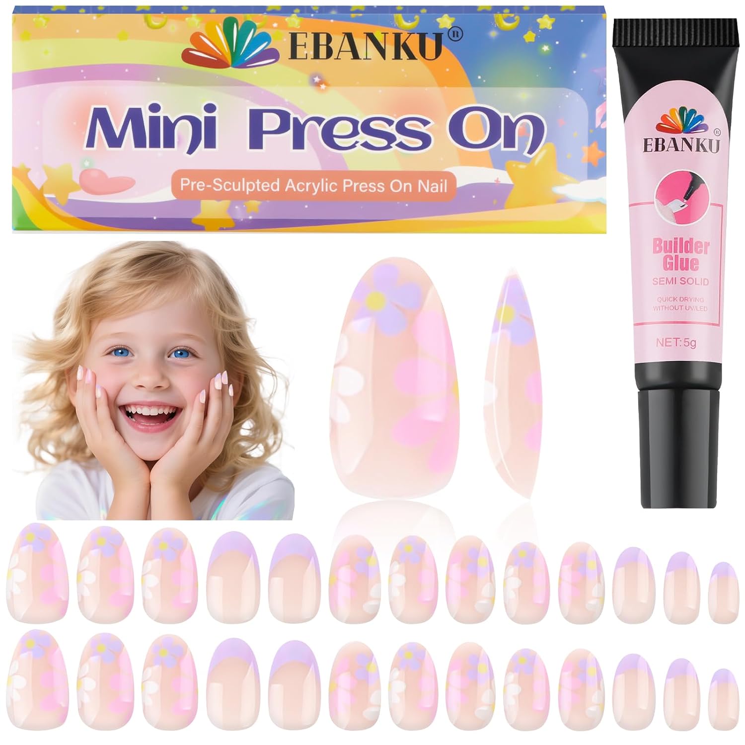 EBANKU Press on Nails for Kids - Short Almond Acrylic Tips