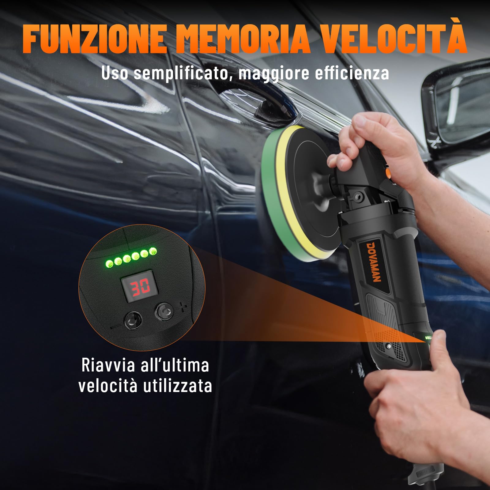 PLS03A Lucidatrice per Auto 1500W, Lucidatrice Rotativa 180 mm/150 mm, 6 Velocità Variabili (600–3000 giri/min), Manico Rimovibile, Kit Lucidatrice per Auto per Car Detailing, Lucidatura e Ceratura