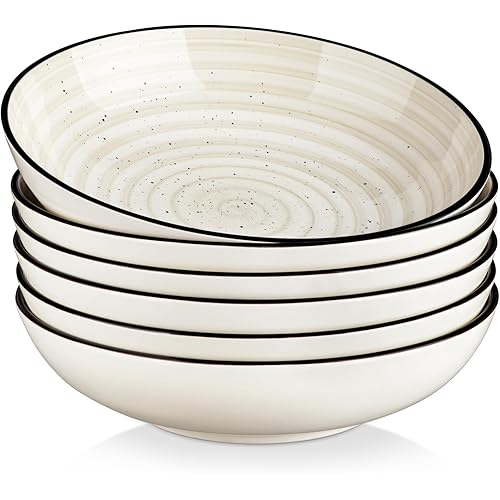 vancasso Bonbon Pasta Bowls Set of 6, 38 Oz Ceramic Salad Bowls, Wide and Shallow Bowls Set, Large Soup Bowls Serving Bowls for Kitchen, Beige
