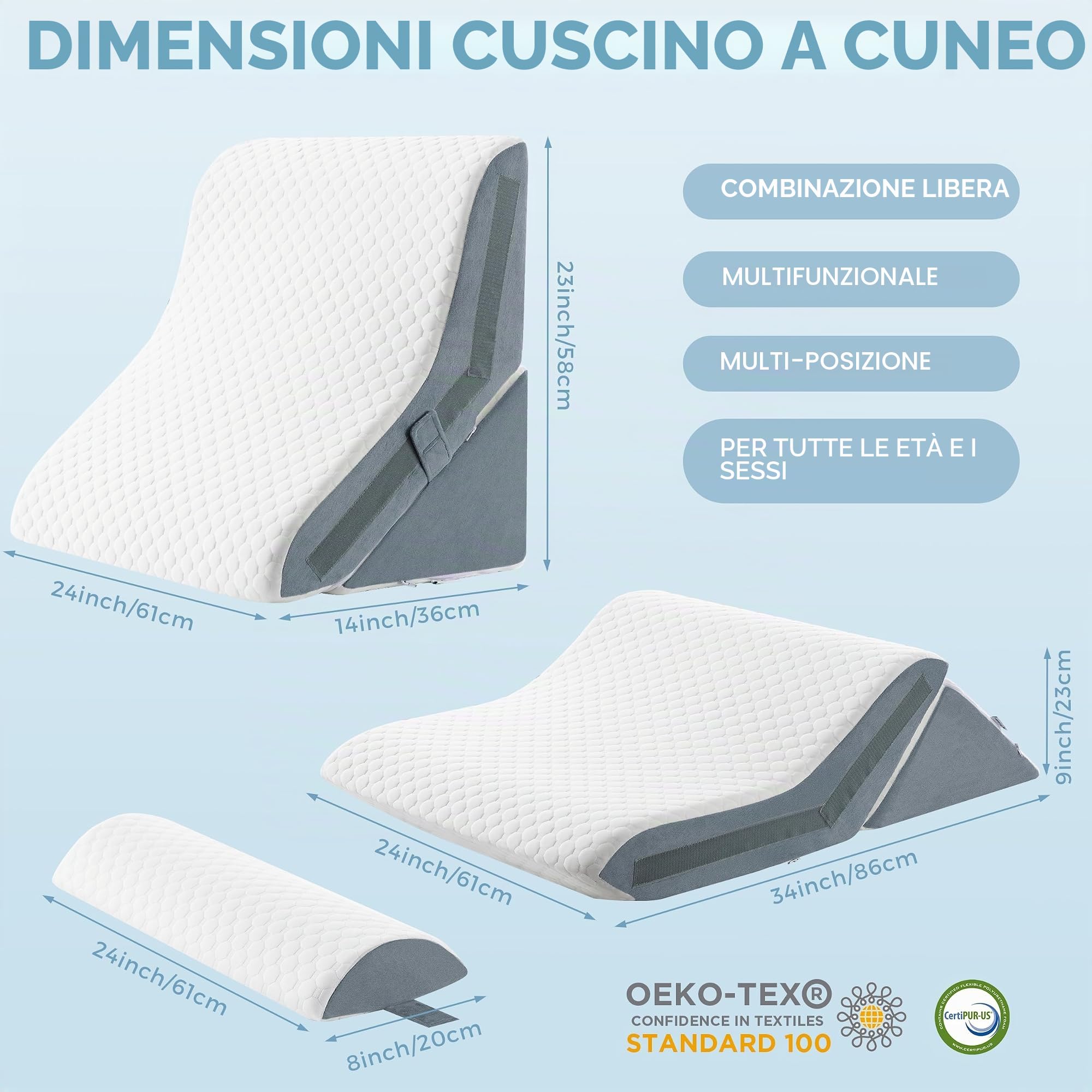 Cuscino a Cuneo 3-in-1 Ergonomico, Set Cuscino Triangolare Pieghevole in Memory Foam, Supporto Regolabile per Schiena e Gambe, Ideale per Lettura e Relax a Letto