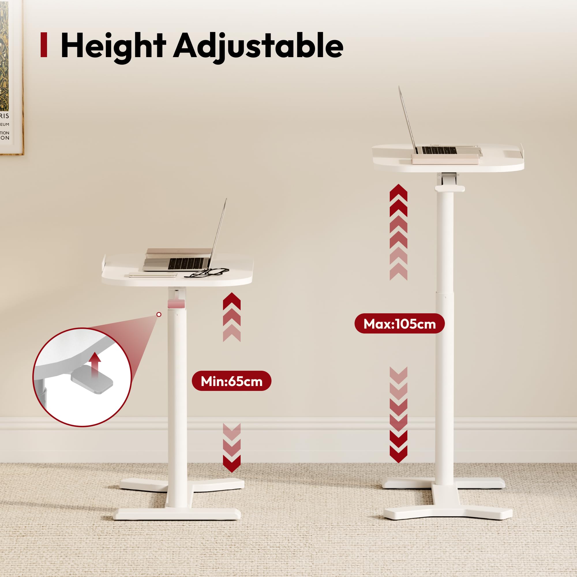 SANODESK Pneumatischer höhenverstellbarer Beistelltisch – 90° klappbare Tischplatte, flexibel als Sofa-, Bett- oder Balkontisch, 65–105 cm, platzsparend & vielseitig(weiß)