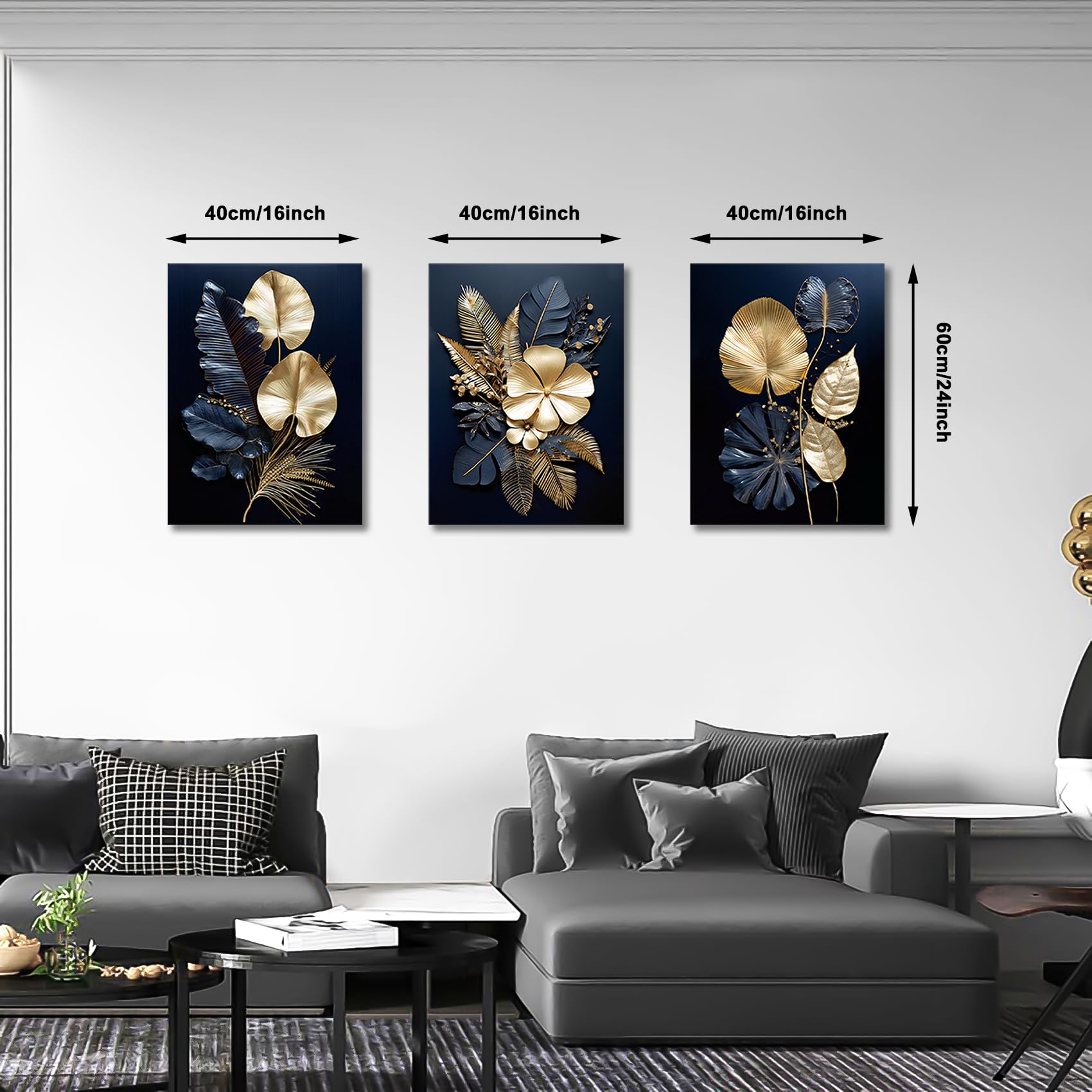 FajerminArt 3 Panels Modern Canvas Wall Art Navy Blue Gold Flowers Coconut Leaves Pictures Painting on Canvas Prints for Living Room Bedroom Office Wall Decoration Stretched On Frame 40x60cmx3Pcs — view 2