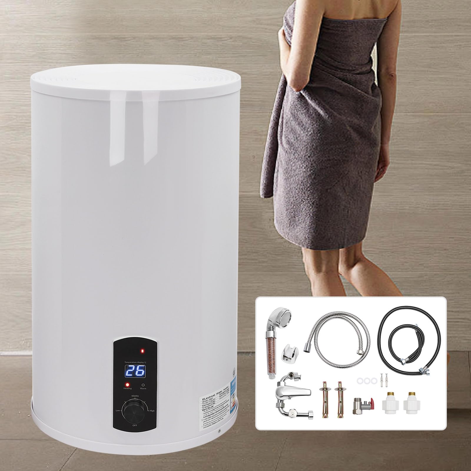 Scaldabagno elettrico, scaldabagno 230 V, scaldabagno istantaneo per doccia e cucina 2000 W, scaldabagno verticale 70 litri, IPX4, per cucina, bagno, ripostiglio, garage