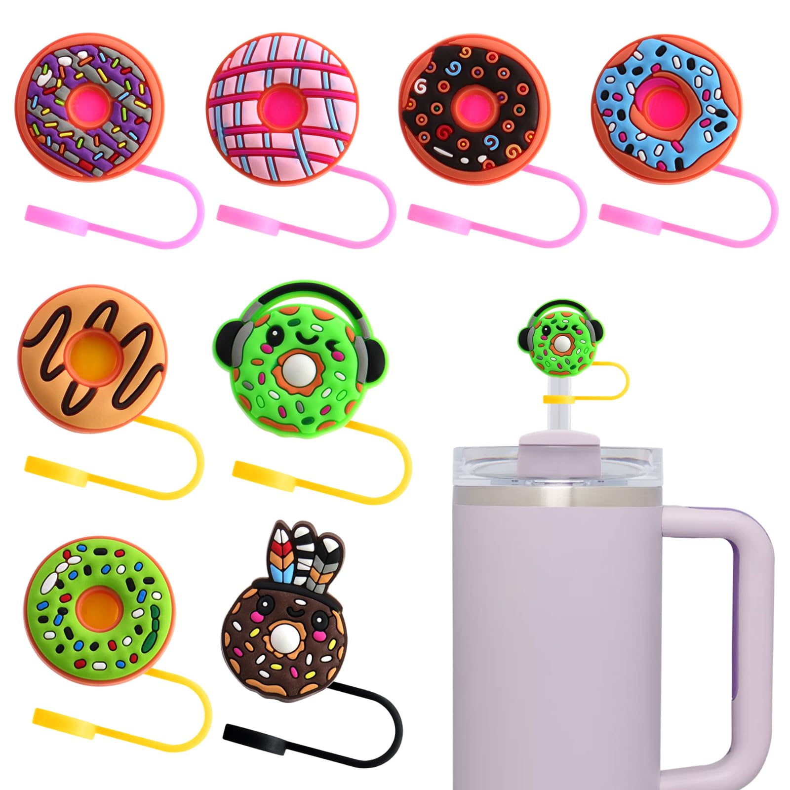 8Pcs Straw Covers Cap, Silicone Donut Straw Cover Cap Compatible with 30&40 Oz Tumbler with Handle, Reusable Straw Protectors Tips Cover for 0.4 in/10mm Cups Accessories