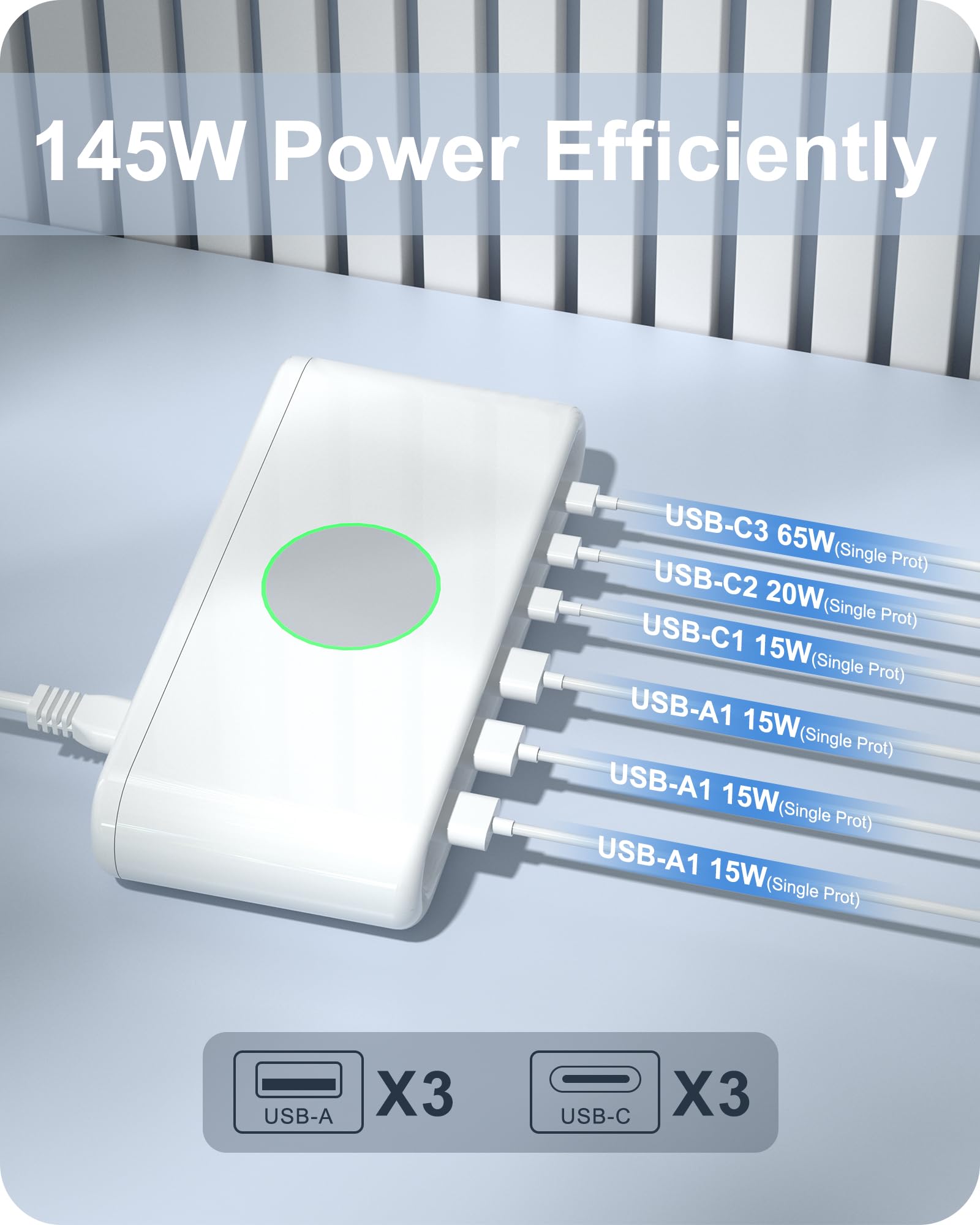 Blocco caricabatterie USB C, stazione di ricarica rapida, hub per stazione di ricarica GaN III a 6 porte, PD 65 W PD 20 W USB C, adattatore caricatore per computer portatile, blocco caricabatterie per