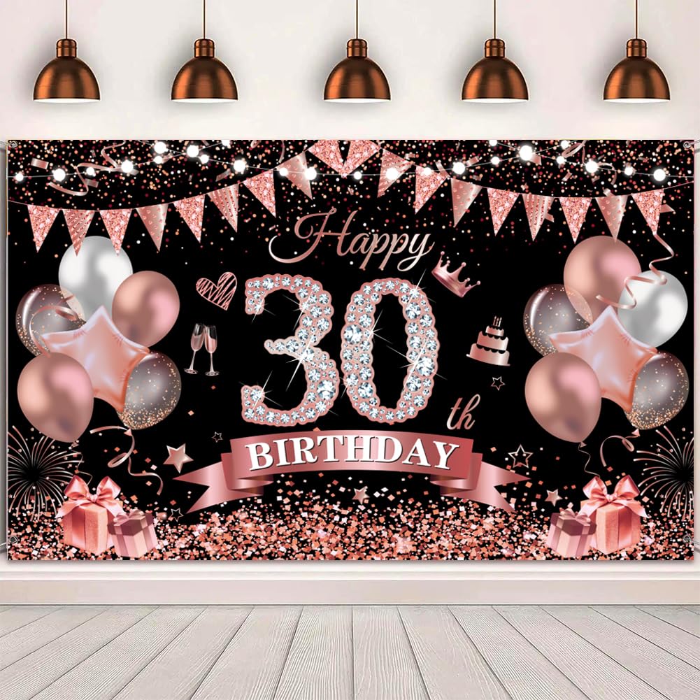 Yontree Happy 30th Birthday Banner 180 * 110cm Black Rose Happy 30th Birthday Banner Backdrop 30th Birthday Decorations for Girls Women, 30 Years Old Birthday Anniversary Party Supplies
