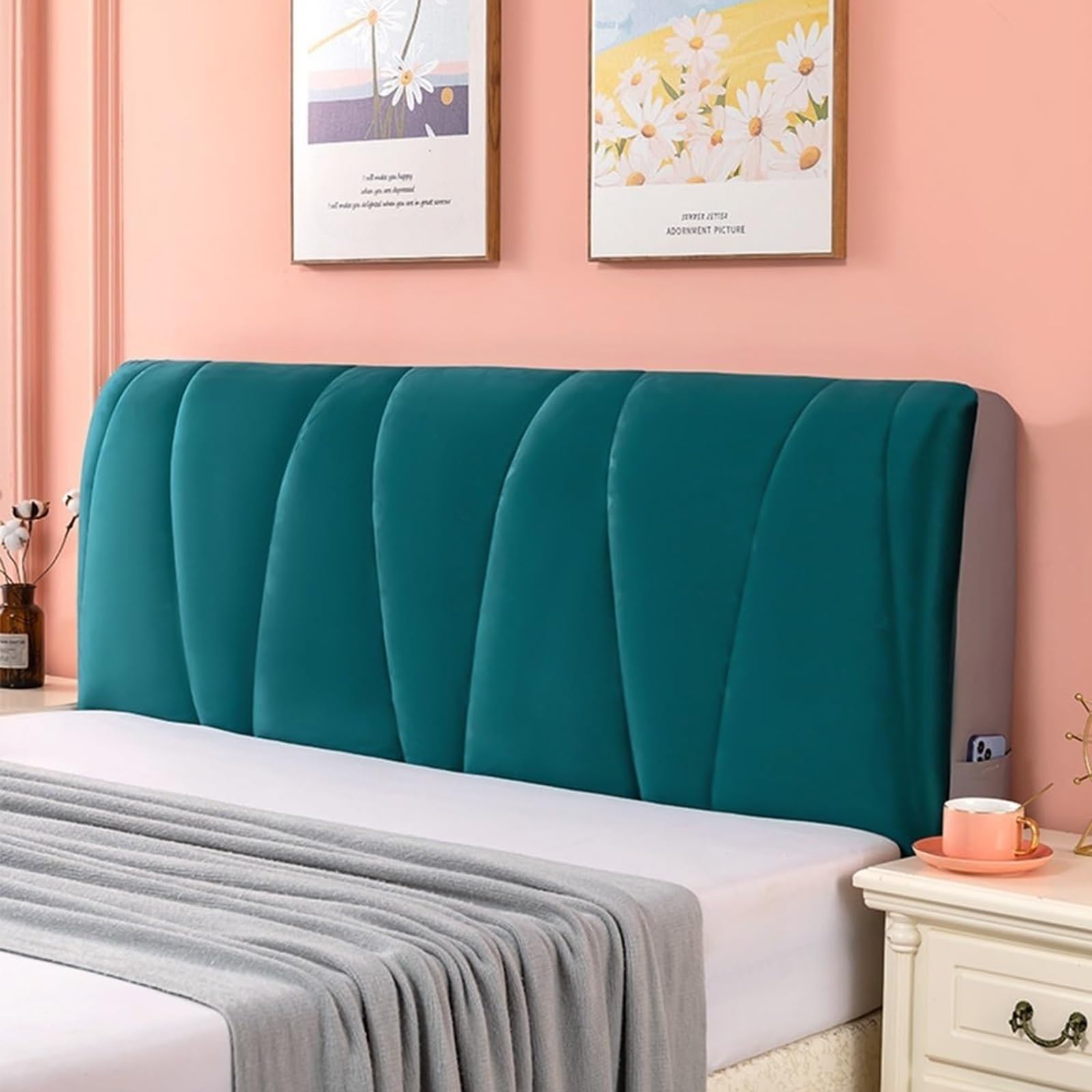 Thicken For Backrest Slipcover Velvet Bed Headboard Cover Single/Double/King/Super King Size Bed Head Board Cover，Dustproof All-inclusive Elastic(Dark green,180CM*60CM)