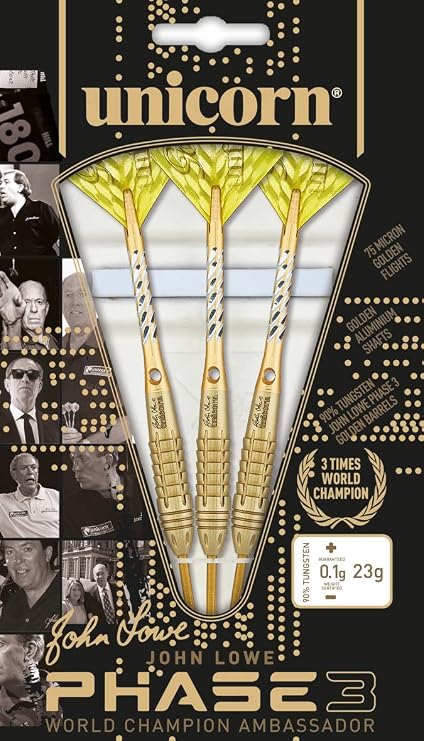 UNICORN Steel Tip Darts Barrels Only | John Lowe World Champion Purist Player Development Lab | 90% Golden Tungsten Barrels | 21g, 23g or 25g
