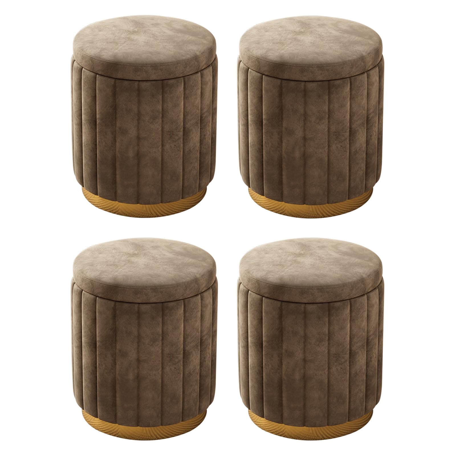 Pouf rotondo con contenitore, set di 2 sgabelli imbottiti in velluto con base in metallo, sgabelli moderni per camera da letto, soggiorno, mobili per la casa (set da 4, caffè)