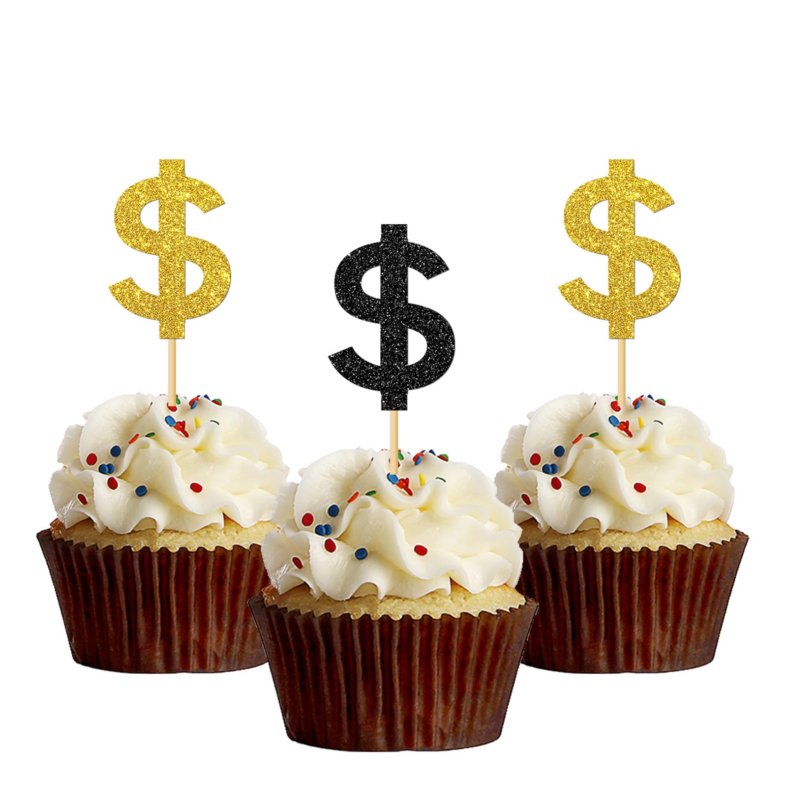 INNORU Dollar Happy Birthday Cake Topper - Money Bill Theme Party Decor, Black Glitter