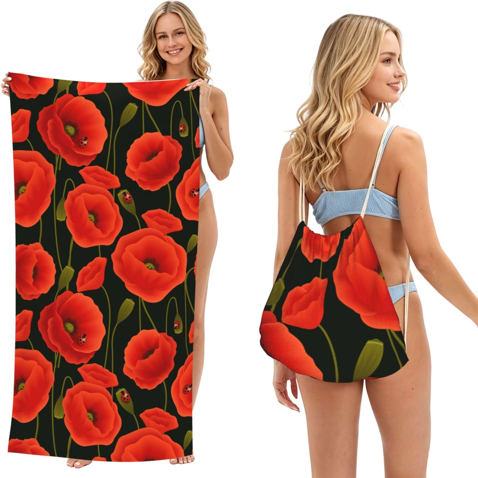 Poadnly As Picture Poppy Flowers, 2 In 1 Packable Towel Bag, Beach Towels With Drawstring Backpack For Travel Holiday Camping