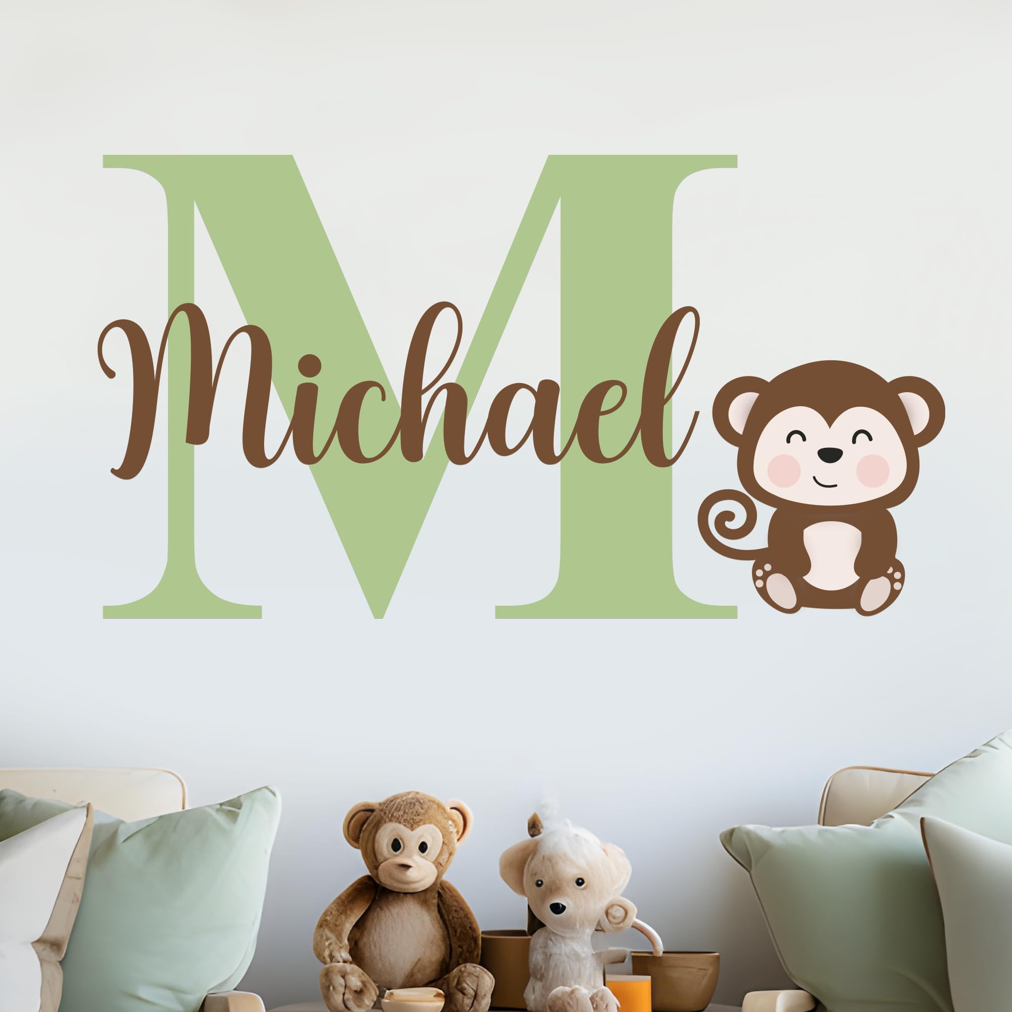 CRYPTONITE Nombre personalizado Animales de la selva Decoración de pared de vinilo I Calcomanía de pared para guardería para decoración de bebé niño niña I Pegatinas para niños I Múltiples opciones de personalización D Mono