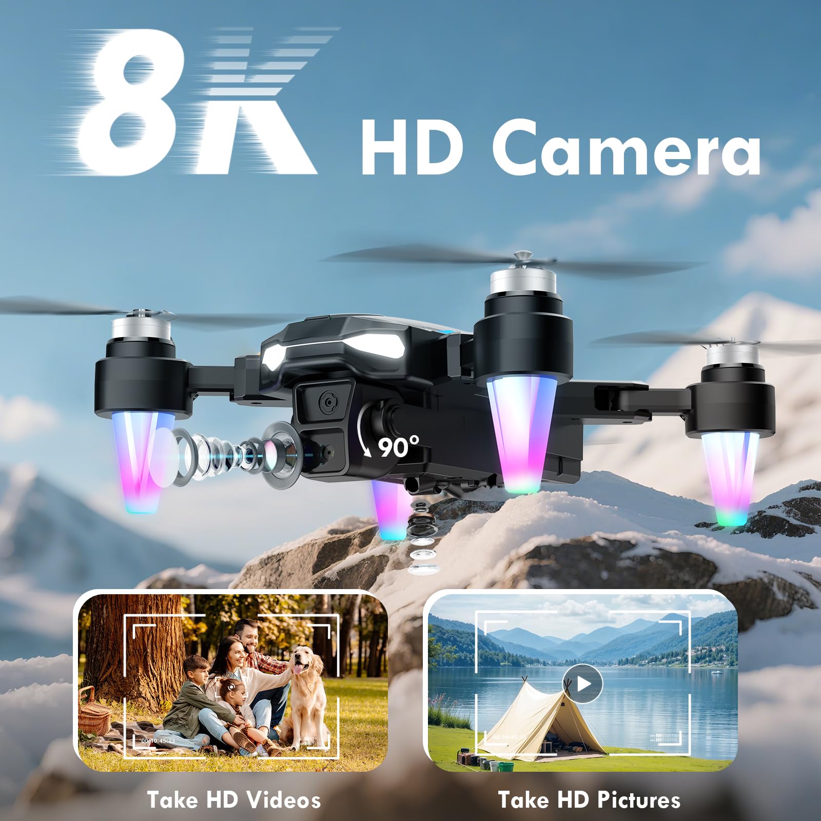 Drone con Telecamera 8K, 360°Flip, Wi-Fi, Motore Brushless, Modalità Senza Testa, Decollo/Atterraggio con un Solo Tasto, Volo in Traiettoria, Regali e Giocattoli per Principianti, 2 Batterie (Nero)