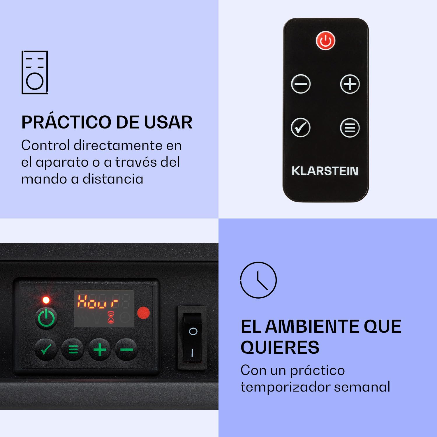 Klarstein Nevis Peak Chimenea eléctrica - Chimenea eléctrica con 1800 W de Potencia calorífica, con Temporizador, Temperatura: 10 a 30 °C, Ilusión de Llamas LED, Incl. Mando a Distancia