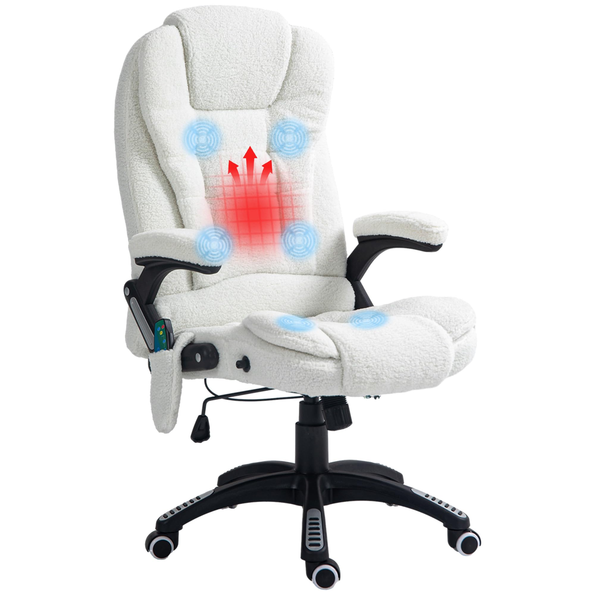 Vinsetto Silla de Masaje con 6 Puntos de Masaje Silla de Oficina Giratoria Silla de Escritorio con Función de Calefacción Altura Ajustable Control Remoto y Reposacabezas Tejido de Borreguillo Blanco