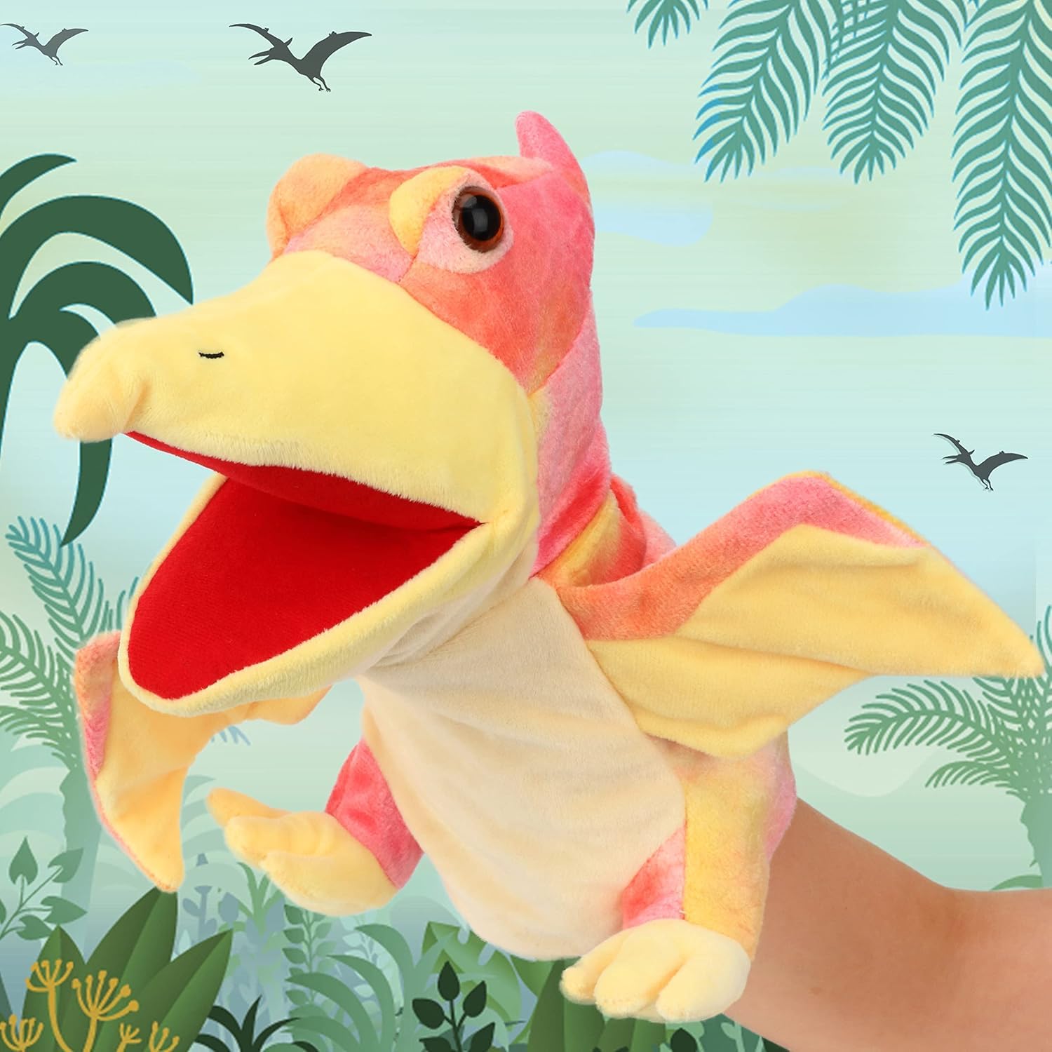 Cuteoy Plush Hand Puppet Stuffed Animal Toy Open Movable Mouth Creative Role Play Storytelling Plushies Gifts for Kids Toddlers Birthday Christmas，Pterosaurus
